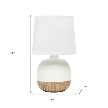12" White And Natural Ceramic Round Table Lamp With White Drum Shade