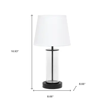17" Black And Clear Glass And Metal Table Lamp With White Drum Shade