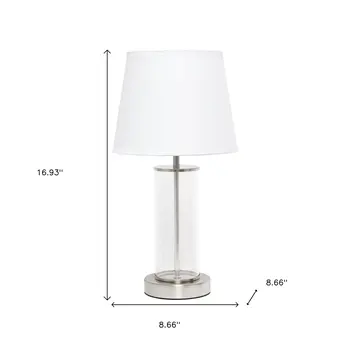17" Nickel And Clear Glass And Metal Table Lamp With White Drum Shade
