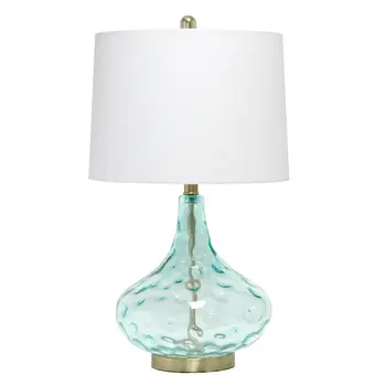 24" Blue And Silver Glass And Metal Novelty Table Lamp With White Drum Shade