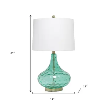 24" Sea Green And Antiqued Brass Glass And Metal Novelty Table Lamp With White Drum Shade