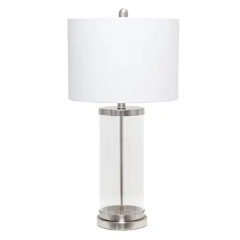 28" Clear And Nickel Glass And Metal Table Lamp With White Drum Shade