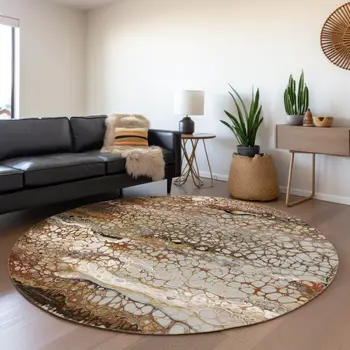 8' Beige Ivory And Black Round Abstract Washable Indoor Outdoor Area Rug