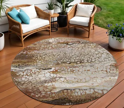 8' Beige Ivory And Black Round Abstract Washable Indoor Outdoor Area Rug