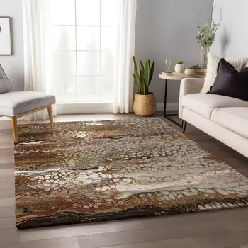 10' X 14' Beige Ivory And Black Abstract Washable Indoor Outdoor Area Rug