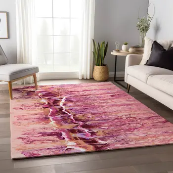 3' X 5' Raspberry Ivory And Gold Abstract Washable Indoor Outdoor Area Rug