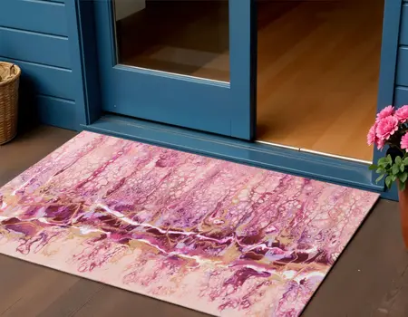 3' X 5' Raspberry Ivory And Gold Abstract Washable Indoor Outdoor Area Rug