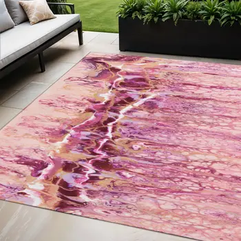 5' X 8' Raspberry Ivory And Gold Abstract Washable Indoor Outdoor Area Rug