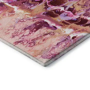 5' X 8' Raspberry Ivory And Gold Abstract Washable Indoor Outdoor Area Rug