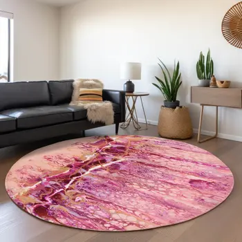 8' Raspberry Ivory And Gold Round Abstract Washable Indoor Outdoor Area Rug