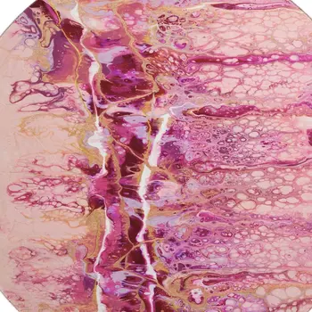 8' Raspberry Ivory And Gold Round Abstract Washable Indoor Outdoor Area Rug