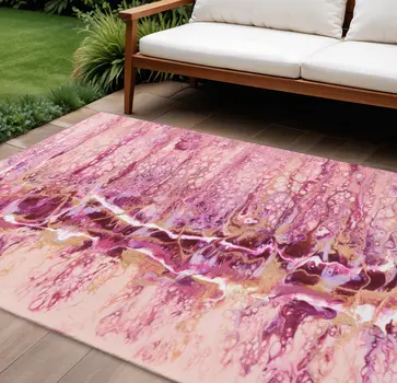 9' X 12' Raspberry Ivory And Gold Abstract Washable Indoor Outdoor Area Rug