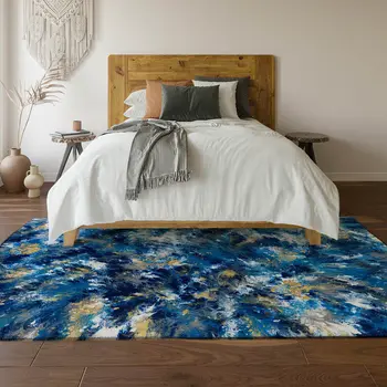 3' X 5' Blue Ivory And Gold Abstract Washable Indoor Outdoor Area Rug