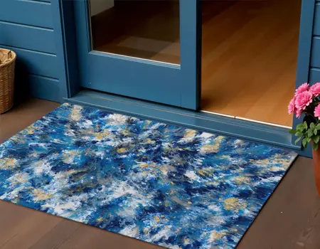 3' X 5' Blue Ivory And Gold Abstract Washable Indoor Outdoor Area Rug