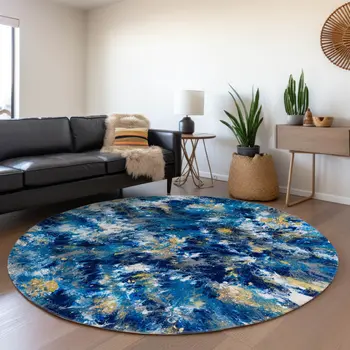8' Blue Ivory And Gold Round Abstract Washable Indoor Outdoor Area Rug