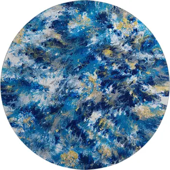 8' Blue Ivory And Gold Round Abstract Washable Indoor Outdoor Area Rug