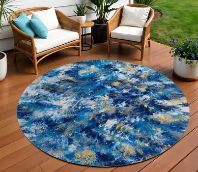 8' Blue Ivory And Gold Round Abstract Washable Indoor Outdoor Area Rug