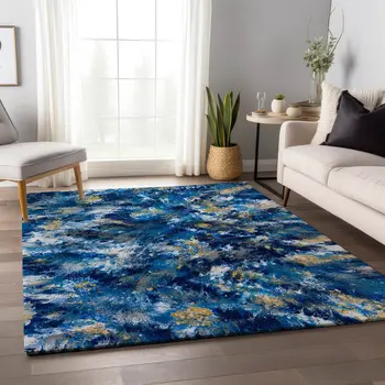 9' X 12' Blue Ivory And Gold Abstract Washable Indoor Outdoor Area Rug