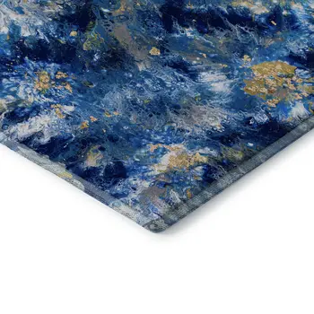 9' X 12' Blue Ivory And Gold Abstract Washable Indoor Outdoor Area Rug