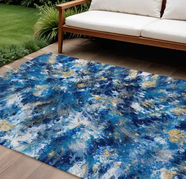 9' X 12' Blue Ivory And Gold Abstract Washable Indoor Outdoor Area Rug
