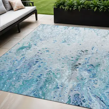 5' X 8' Light Blue And Ivory Abstract Washable Indoor Outdoor Area Rug