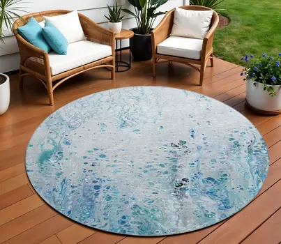 8' Light Blue And Ivory Round Abstract Washable Indoor Outdoor Area Rug