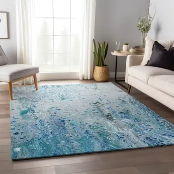 10' X 14' Light Blue And Ivory Abstract Washable Indoor Outdoor Area Rug