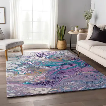 5' X 8' Periwinkle Purple And Ivory Abstract Washable Indoor Outdoor Area Rug