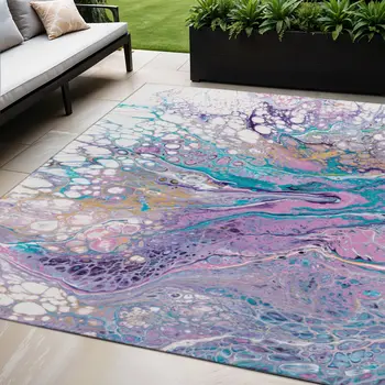 5' X 8' Periwinkle Purple And Ivory Abstract Washable Indoor Outdoor Area Rug