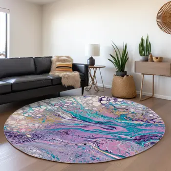 8' Periwinkle Purple And Ivory Round Abstract Washable Indoor Outdoor Area Rug