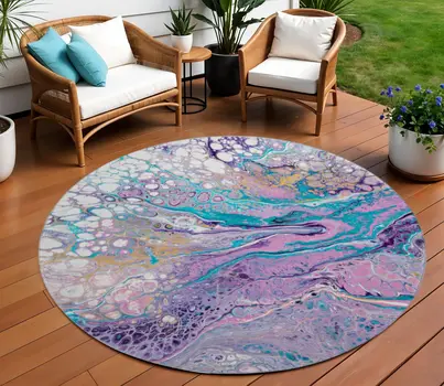 8' Periwinkle Purple And Ivory Round Abstract Washable Indoor Outdoor Area Rug
