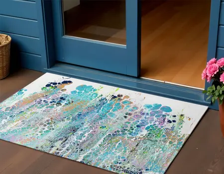 3' X 5' Teal Blue Ivory And Gold Abstract Washable Indoor Outdoor Area Rug