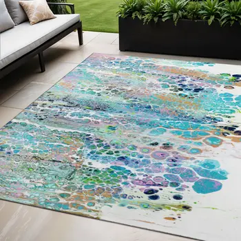 5' X 8' Teal Blue Ivory And Gold Abstract Washable Indoor Outdoor Area Rug
