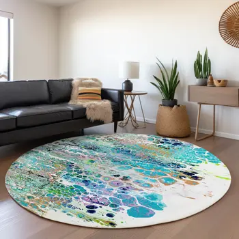 8' Teal Blue Ivory And Gold Round Abstract Washable Indoor Outdoor Area Rug