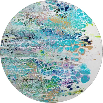 8' Teal Blue Ivory And Gold Round Abstract Washable Indoor Outdoor Area Rug