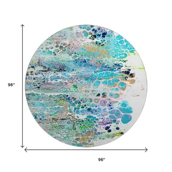 8' Teal Blue Ivory And Gold Round Abstract Washable Indoor Outdoor Area Rug