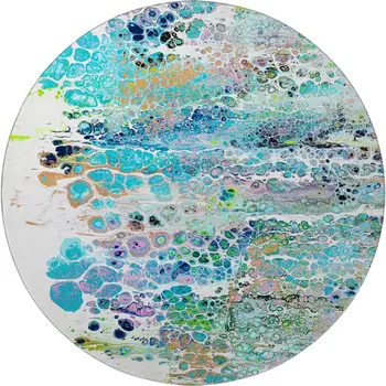 8' Teal Blue Ivory And Gold Round Abstract Washable Indoor Outdoor Area Rug