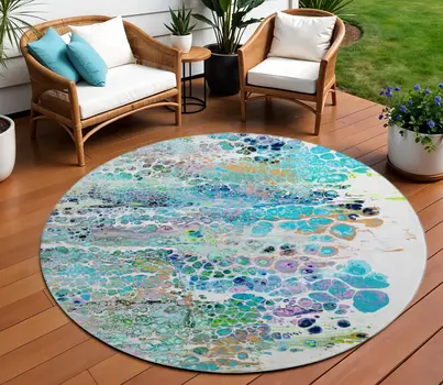 8' Teal Blue Ivory And Gold Round Abstract Washable Indoor Outdoor Area Rug