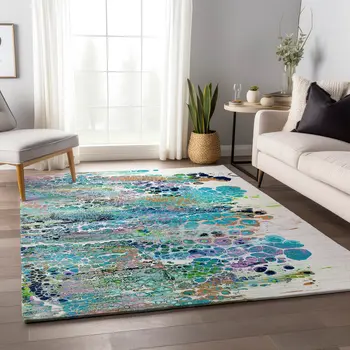 10' X 14' Teal Blue Ivory And Gold Abstract Washable Indoor Outdoor Area Rug