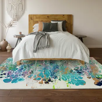 10' X 14' Teal Blue Ivory And Gold Abstract Washable Indoor Outdoor Area Rug