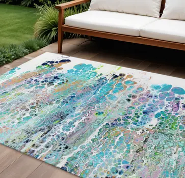 10' X 14' Teal Blue Ivory And Gold Abstract Washable Indoor Outdoor Area Rug