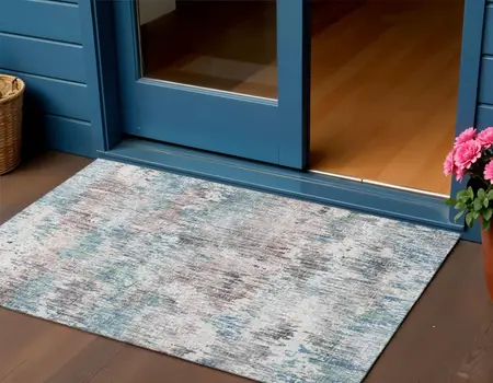 3' X 5' Blue Ivory And Sage Abstract Washable Indoor Outdoor Area Rug