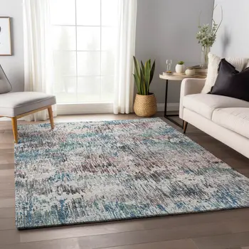 3' X 5' Blue Ivory And Sage Abstract Washable Indoor Outdoor Area Rug