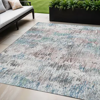 5' X 8' Blue Ivory And Sage Abstract Washable Indoor Outdoor Area Rug
