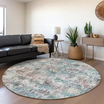 8' Blue Ivory And Sage Round Abstract Washable Indoor Outdoor Area Rug