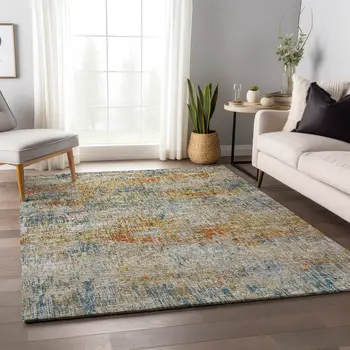 3' X 5' Gold Beige And Orange Abstract Washable Indoor Outdoor Area Rug
