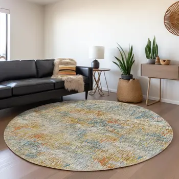 8' Gold Beige And Orange Round Abstract Washable Indoor Outdoor Area Rug