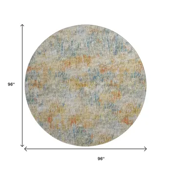 8' Gold Beige And Orange Round Abstract Washable Indoor Outdoor Area Rug