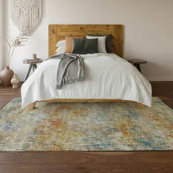 10' X 14' Gold Beige And Orange Abstract Washable Indoor Outdoor Area Rug