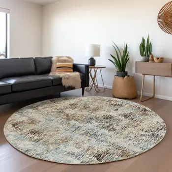 8' Midnight Ivory And Beige Round Abstract Washable Indoor Outdoor Area Rug